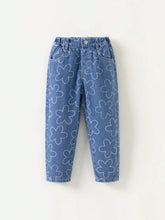 Young Girl Daily Casual Cute Small Flower Printed Denim Pants, Versatile